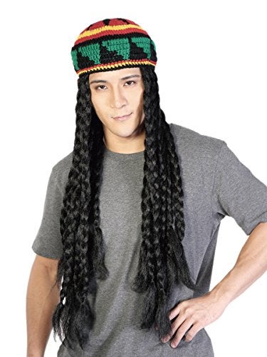 AICKER Rasta Dreadlocks Hat Wig with Tam 28 Inch Reggae Knit Slouchy Beret Jamaican Crocheted Beanie Hippie Knitted Stretchy Cap Long Braided Synthetic Hair Unisex (Black) - Image 1