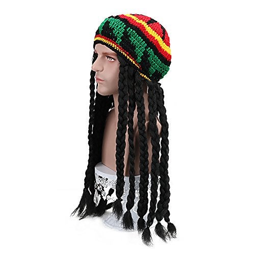 AICKER Rasta Dreadlocks Hat Wig with Tam 28 Inch Reggae Knit Slouchy Beret Jamaican Crocheted Beanie Hippie Knitted Stretchy Cap Long Braided Synthetic Hair Unisex (Black) - Image 4