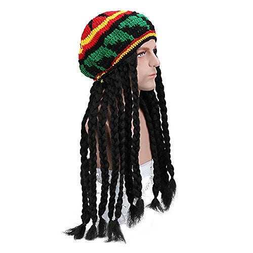 AICKER Rasta Dreadlocks Hat Wig with Tam 28 Inch Reggae Knit Slouchy Beret Jamaican Crocheted Beanie Hippie Knitted Stretchy Cap Long Braided Synthetic Hair Unisex (Black) - Image 3