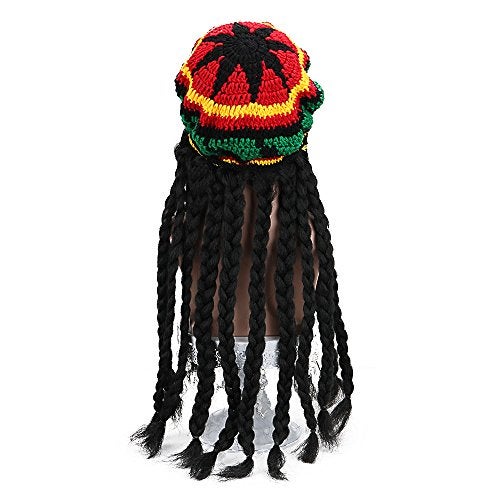 AICKER Rasta Dreadlocks Hat Wig with Tam 28 Inch Reggae Knit Slouchy Beret Jamaican Crocheted Beanie Hippie Knitted Stretchy Cap Long Braided Synthetic Hair Unisex (Black) - Image 5