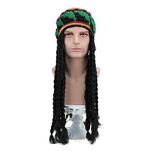 AICKER Rasta Dreadlocks Hat Wig with Tam 28 Inch Reggae Knit Slouchy Beret Jamaican Crocheted Beanie Hippie Knitted Stretchy Cap Long Braided Synthetic Hair Unisex (Black) - Image 2