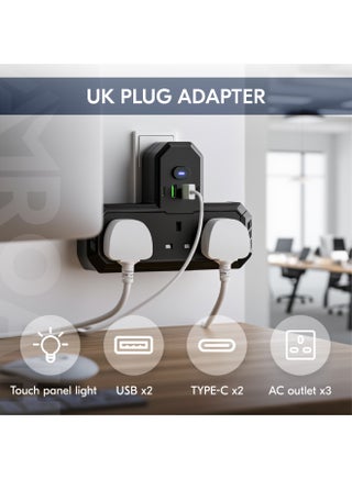 Multi Socket 7 in 1 with Night Light, Universal Multi Plug Socket with 3 AC Outlets UK/UAE, Wall Mount Multi Plug with USB Ports, 2 USB A 2 USB C for Home Office Travel - view 5