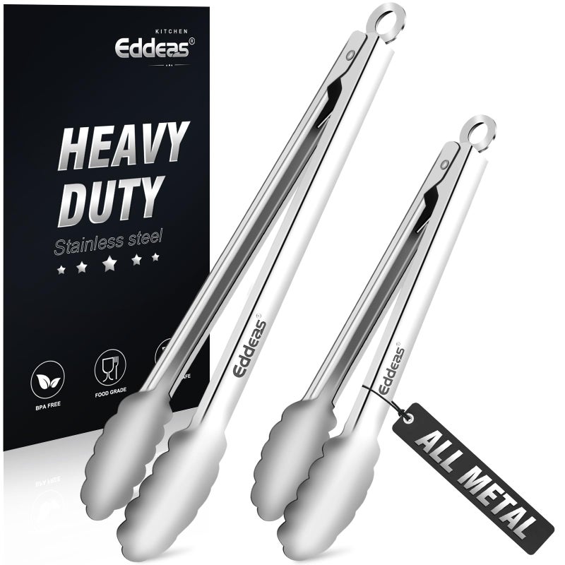 Eddeas All Metal Tongs For Cooking - Heat Resistant 600 Degrees Stainless Steel Kitchen Tongs, Set of 2-9" & 12 inch, Locking Tongs, For Food,Salad, BBQ, Grilling, Dishwasher safe - Image 1