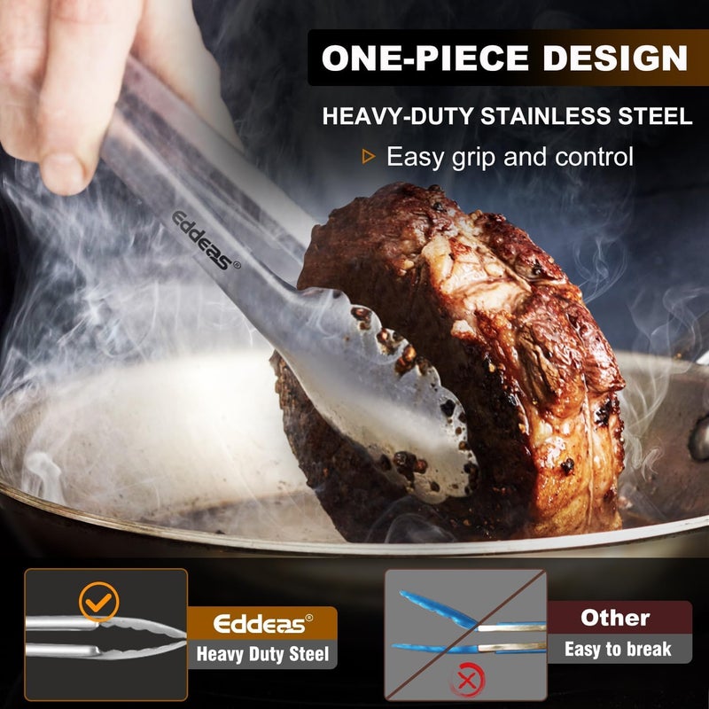 Eddeas All Metal Tongs For Cooking - Heat Resistant 600 Degrees Stainless Steel Kitchen Tongs, Set of 2-9" & 12 inch, Locking Tongs, For Food,Salad, BBQ, Grilling, Dishwasher safe - Image 2