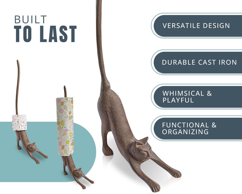 Comfify Yoga Cat Decorative Paper Towel Holder or Toilet Paper Holder - Adorable Downward Dog Pose Kitty - Cast Iron Paper Towel Stand - Antiqued Cast Iron Storage - Multiple uses - 19” Tall - Image 2