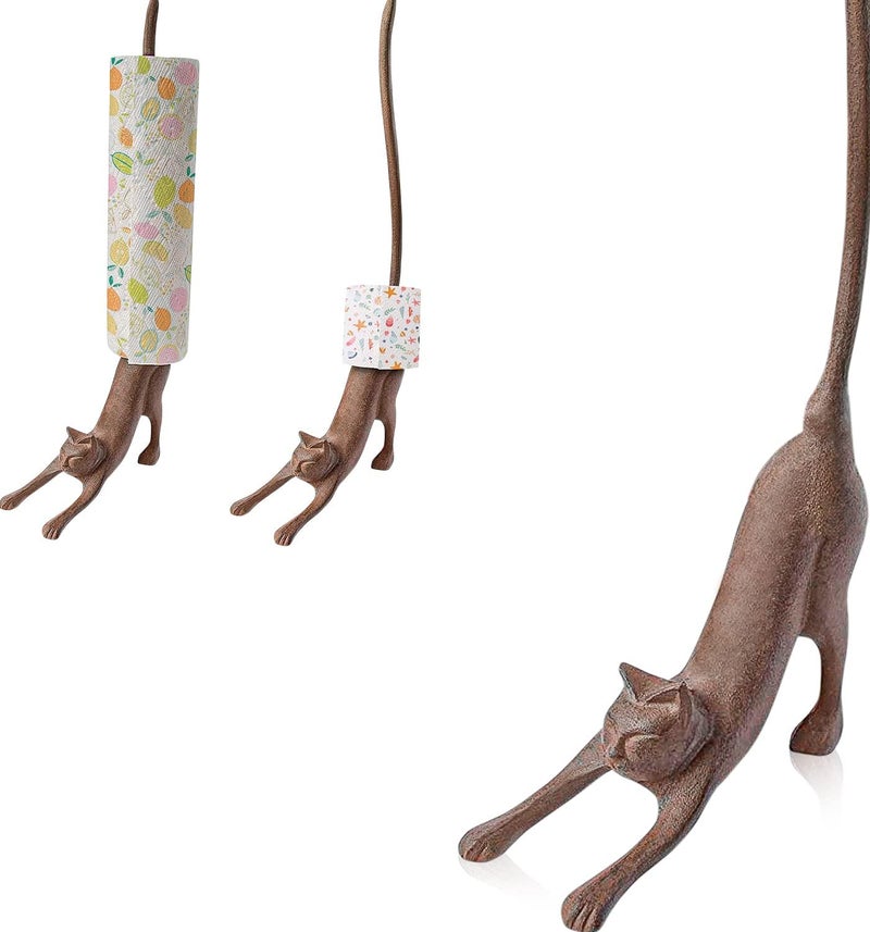 Comfify Yoga Cat Decorative Paper Towel Holder or Toilet Paper Holder - Adorable Downward Dog Pose Kitty - Cast Iron Paper Towel Stand - Antiqued Cast Iron Storage - Multiple uses - 19” Tall - Image 1