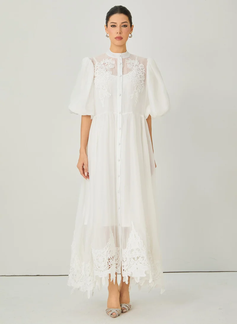 Sunfere Close to Your Heart White Lace Embroidered Puff Sleeve Maxi Dress