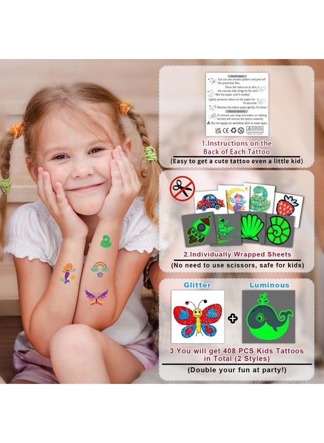 PARTYWIND Partywind 408 PCS Temporary Tattoos for Kids, Glow and Glitter Fake Tattoo Stickers for Boys Girls Party Supplies Favors, Cute Goodie Bag Stuffers for Children (Individually Wrapped Sheet) - Image 2