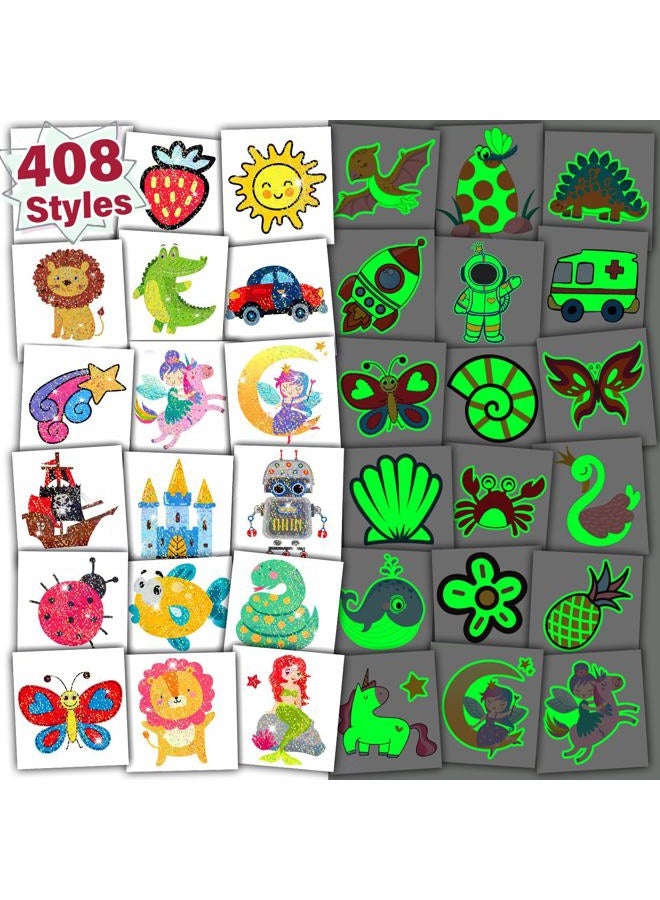 PARTYWIND Partywind 408 PCS Temporary Tattoos for Kids, Glow and Glitter Fake Tattoo Stickers for Boys Girls Party Supplies Favors, Cute Goodie Bag Stuffers for Children (Individually Wrapped Sheet) - Image 1
