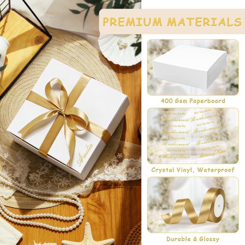 EXJEXJ 8 Sets Bridesmaid Proposal Gift Boxes with Lids - 8Pcs Will You Be My Bridesmaid Vinyl Sticker Decal Custom Name and Satin Ribbon - White Cardboard Gift Box for Wedding, Bridal Shower, Bachelorette Party - Image 3