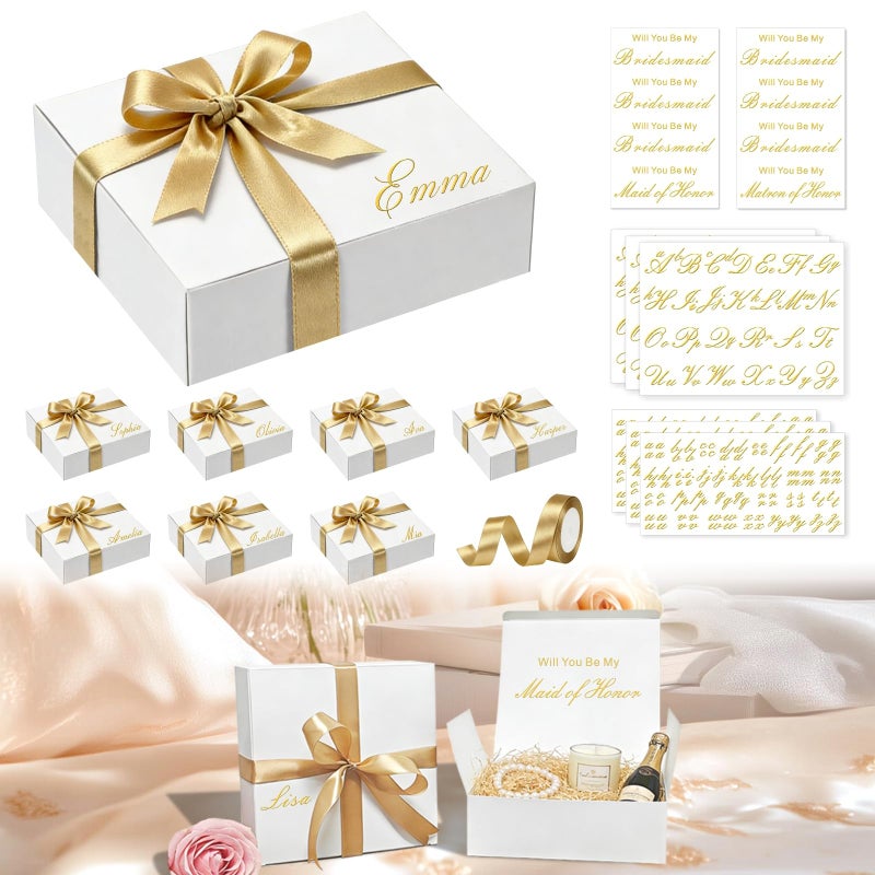 EXJEXJ 8 Sets Bridesmaid Proposal Gift Boxes with Lids - 8Pcs Will You Be My Bridesmaid Vinyl Sticker Decal Custom Name and Satin Ribbon - White Cardboard Gift Box for Wedding, Bridal Shower, Bachelorette Party - Image 1
