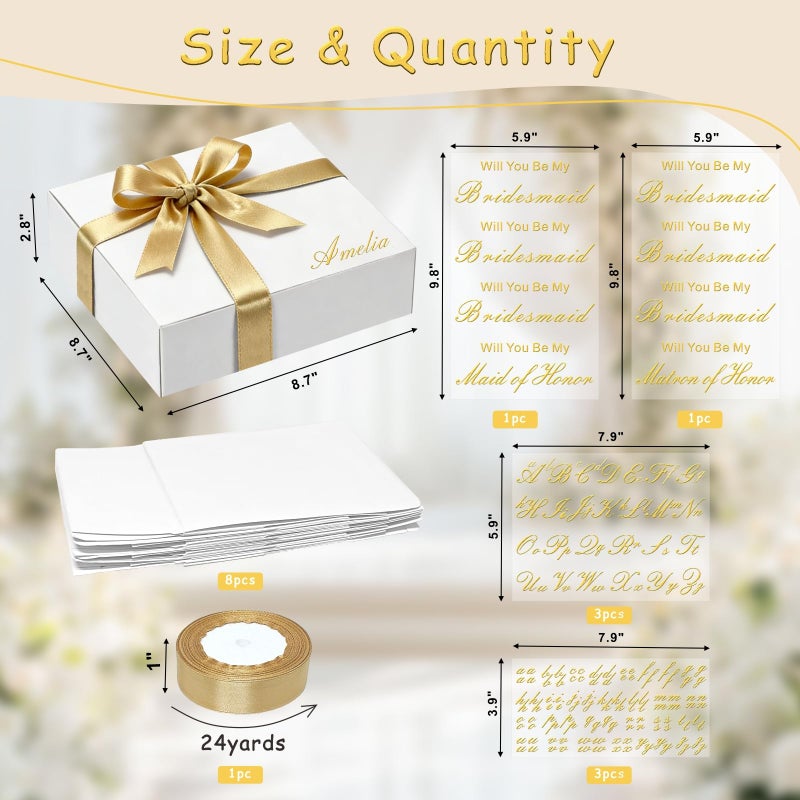 EXJEXJ 8 Sets Bridesmaid Proposal Gift Boxes with Lids - 8Pcs Will You Be My Bridesmaid Vinyl Sticker Decal Custom Name and Satin Ribbon - White Cardboard Gift Box for Wedding, Bridal Shower, Bachelorette Party - Image 2