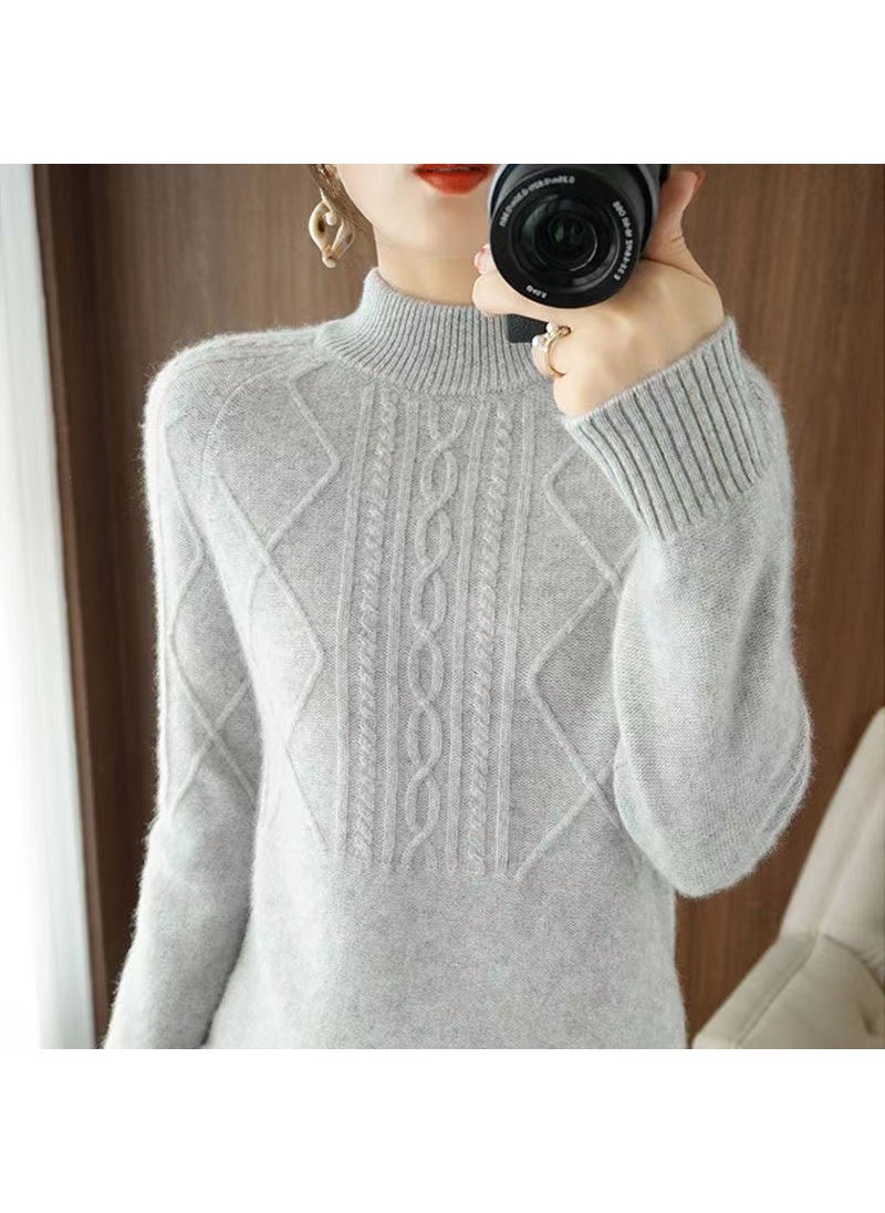 Generic - 50cm-65cm Long Sleeve Knitted Wool Women Coat Thickened Fleece Base Shirt Fashionable Top Autumn Winter Warm Innerwear 1386 Gray - Image 1
