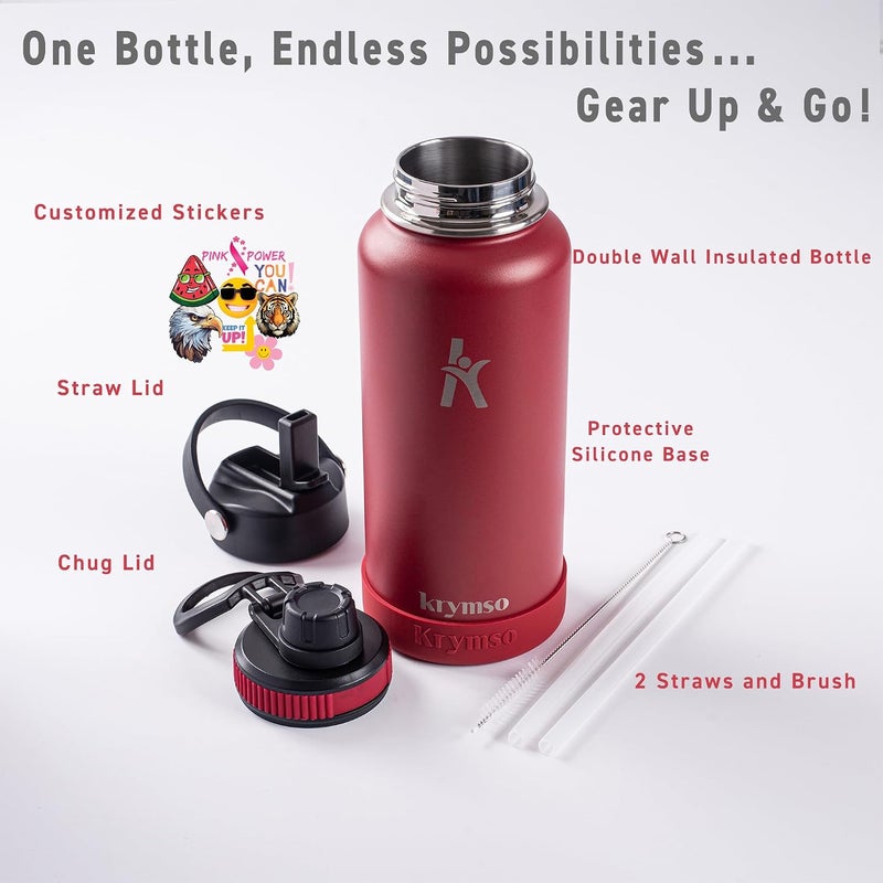 KRYMSO 950ml Stainless Steel Water Bottle, Insulated Thermos Flask, Leakproof, BPA-Free, Gym (Dark Red) - Image 4