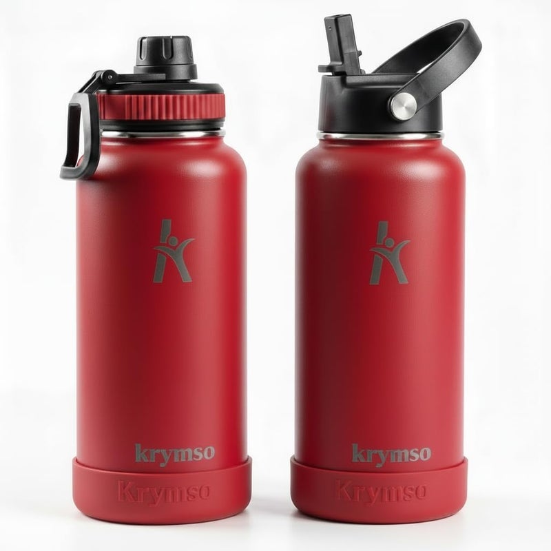 KRYMSO 950ml Stainless Steel Water Bottle, Insulated Thermos Flask, Leakproof, BPA-Free, Gym (Dark Red) - Image 1