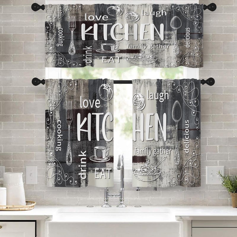 Tayney Farmhouse Chef Kitchen Window Curtains Valance and Tier Set 36 Inch, Modern Doodle Abstract Grey Art Rod Pocket Short Tier Curtain for Bathroom, Funny Cafe Drapes for Kitchen Decor - Image 1