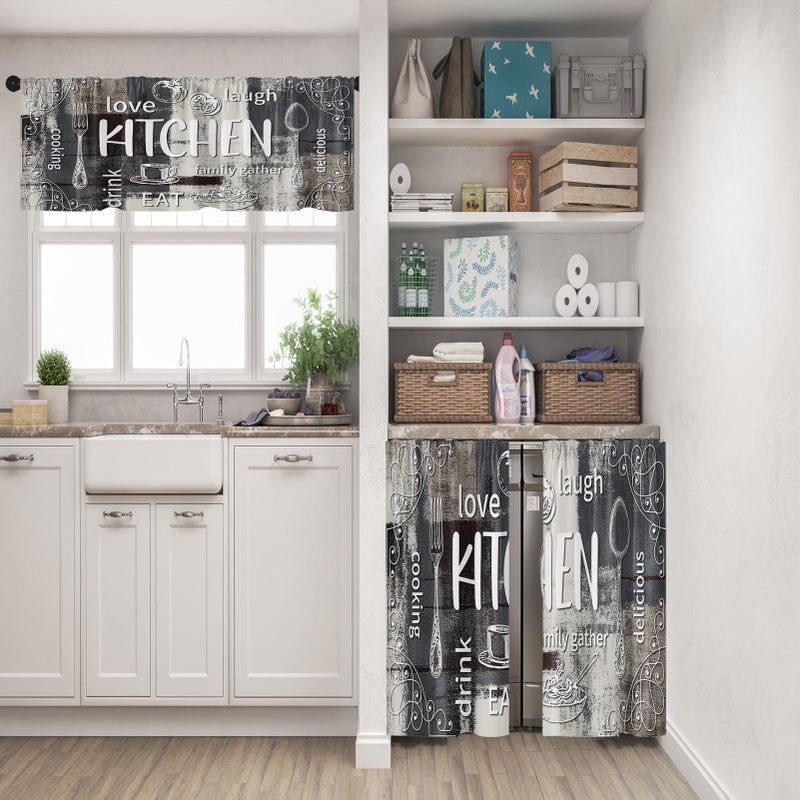 Tayney Farmhouse Chef Kitchen Window Curtains Valance and Tier Set 36 Inch, Modern Doodle Abstract Grey Art Rod Pocket Short Tier Curtain for Bathroom, Funny Cafe Drapes for Kitchen Decor - Image 2