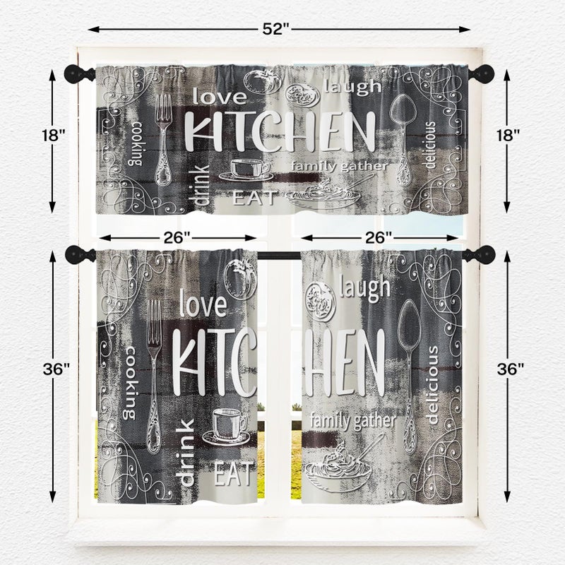 Tayney Farmhouse Chef Kitchen Window Curtains Valance and Tier Set 36 Inch, Modern Doodle Abstract Grey Art Rod Pocket Short Tier Curtain for Bathroom, Funny Cafe Drapes for Kitchen Decor - Image 4