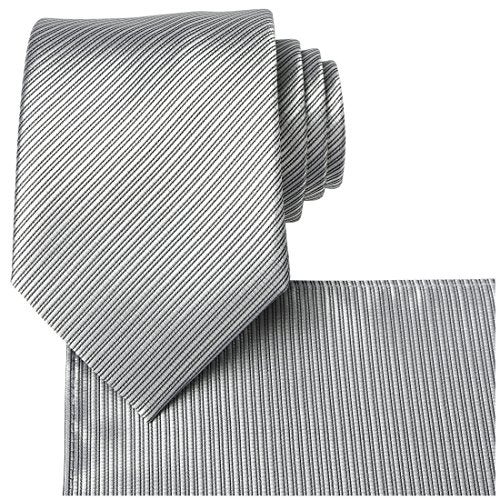KissTies Solid Silver Gray Tie Set Striped Necktie + Pocket Square - Image 1