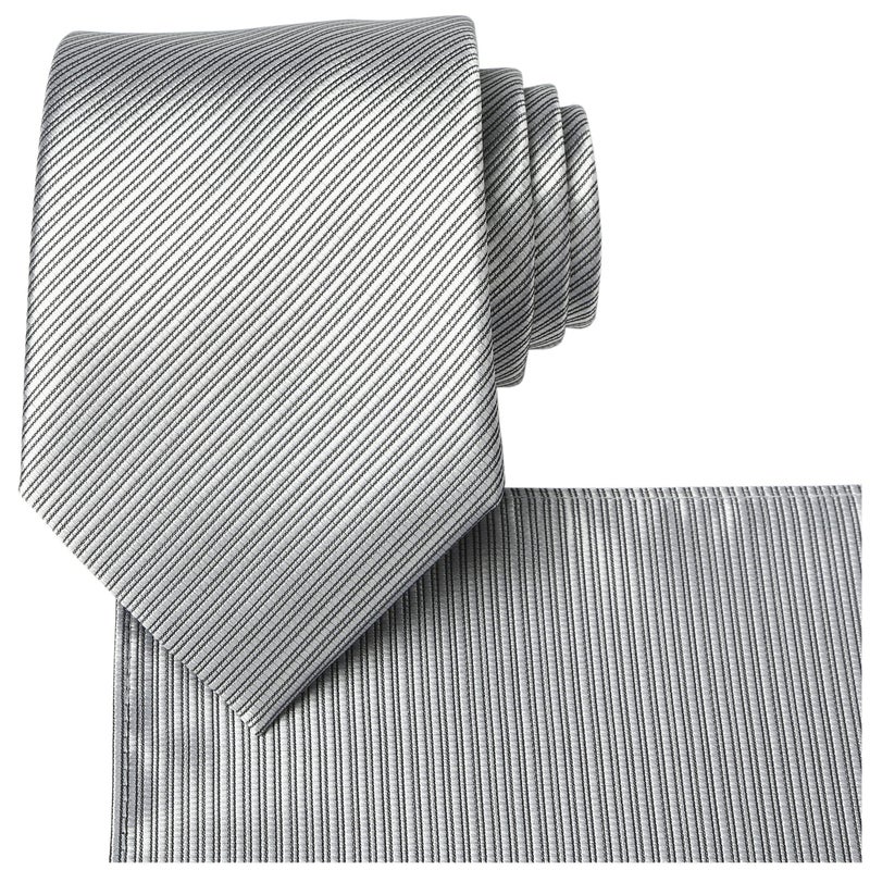 KissTies Solid Silver Gray Tie Set Striped Necktie + Pocket Square - Image 5