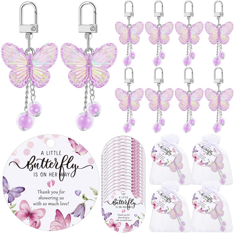 Loetere 25 Set Baby Shower Favors for Guests Butterfly Keychain Bulk Thank You Cards Bag Baby Shower Return Gifts (Purple) - Image 1
