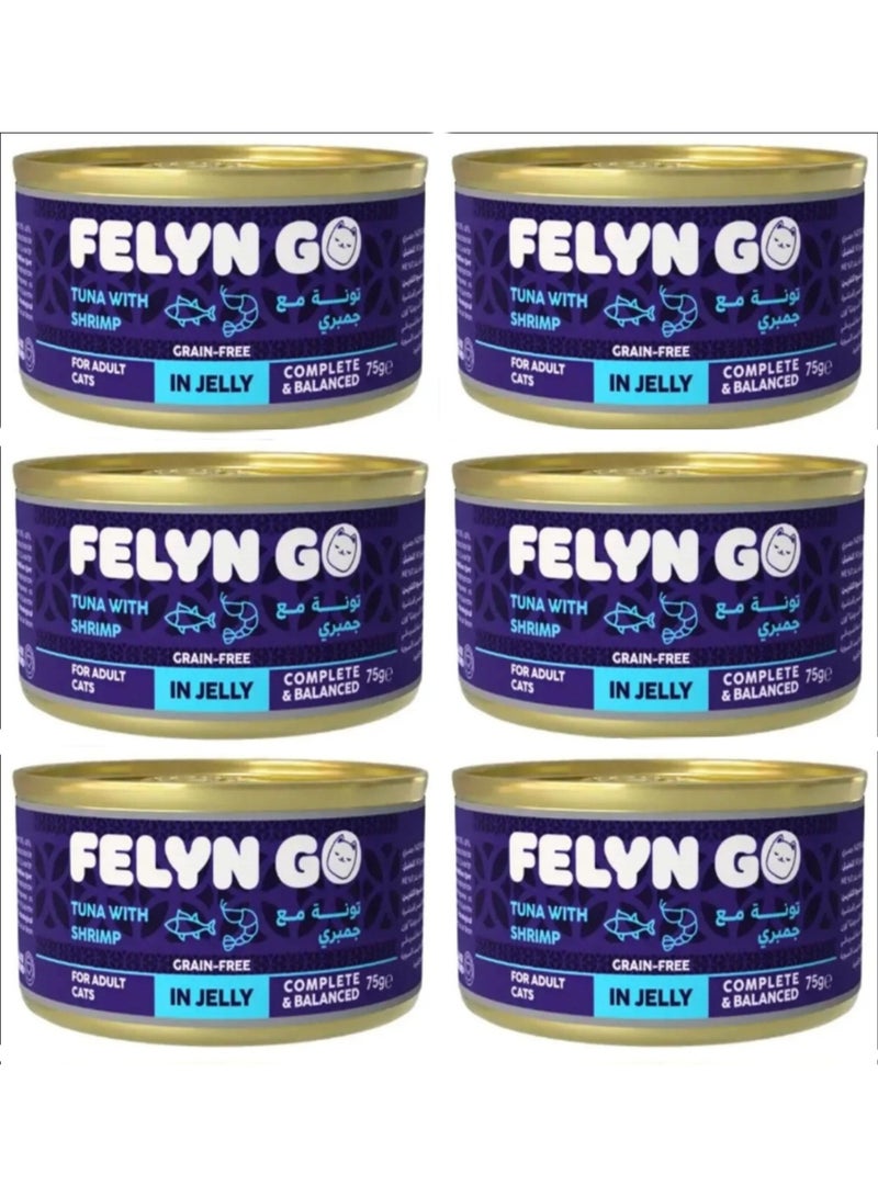 Felyn GO Premium Tuna with Shrimp Wet Food for Adult Cats in Jelly – High-Protein Seafood Blend, Grain-Free, Complete & Balanced Nutrition – 75g Cans (Pack of 6 - Image 1
