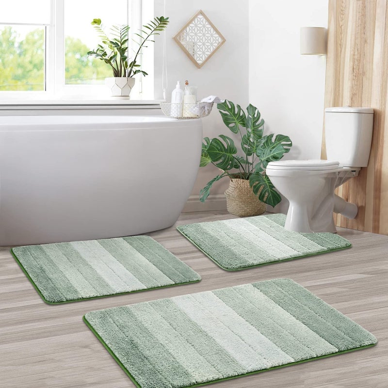 Kmson 3 Pcs Ombre Bathroom Rugs Set with U-Shaped Mat, Non Slip,Quick Drying, Ultra Soft and Water Absorbent Bath Carpet for Bedroom Floor Living Room,Machine Washable,Green - Image 1