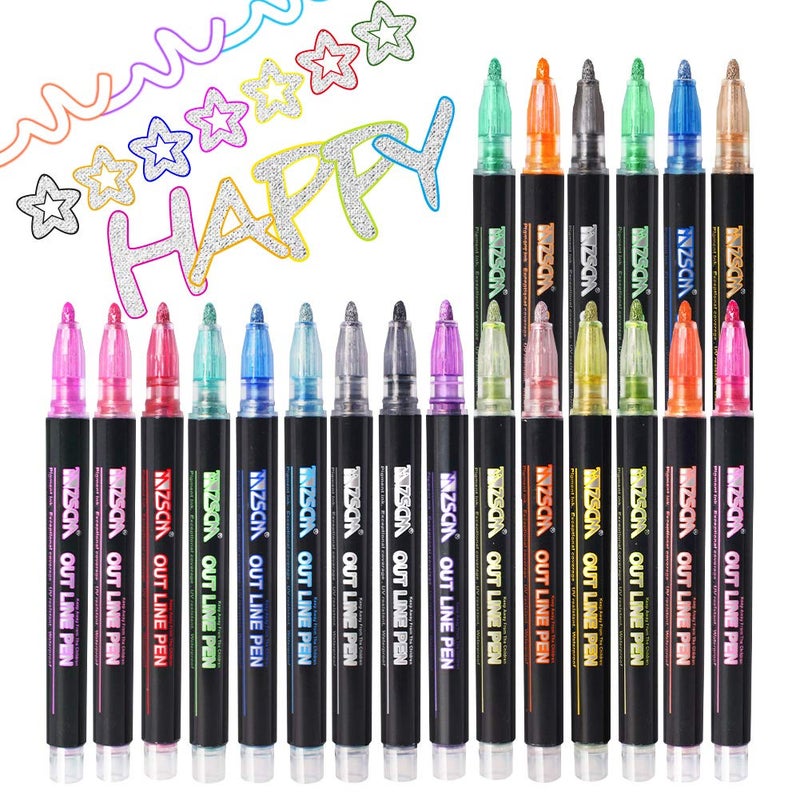 ZSCM QUALITY DECIDES THE FUTURE ZSCM 21 Colors Shimmer Glitter Markers Outline Pen, Teen Girl Gifts Trendy Stuff, Double Line Super Squiggles Metallic Glitter Pens, Art Supplies Crafts Gifts 4-16 for Tween Girls - Image 1