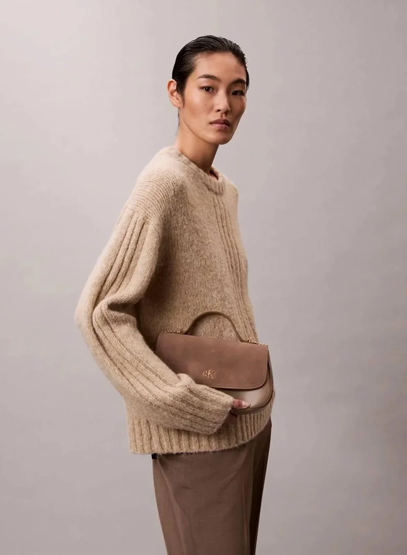 Calvin Klein Desert Taupe Monogram Flap Sueded Camera Bag for Women | Best Price UAE