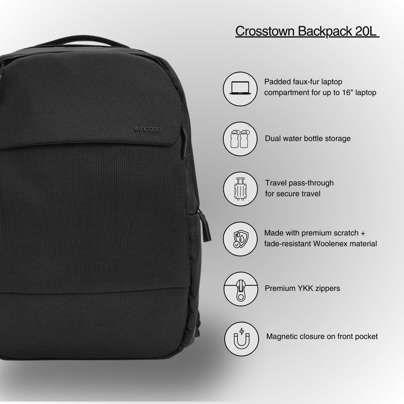 Incase Crosstown Backpack â€“ 20L Everyday Laptop Backpack for Work, Travel â€“ 16" Faux Fur Laptop Sleeve, External Front Pocket, Water Bottle Pockets, Travel Pass Through - Black - Image 3