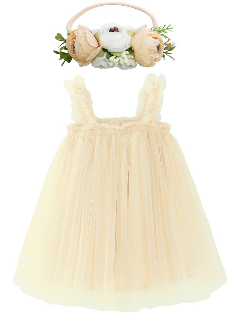 BGFKS Layered Tulle Tutu Dress for Toddler Girls,Baby Girl Rainbow Tutu Princess Skirt Set with Flower Headband.(Champagne,6 Months) - Image 1