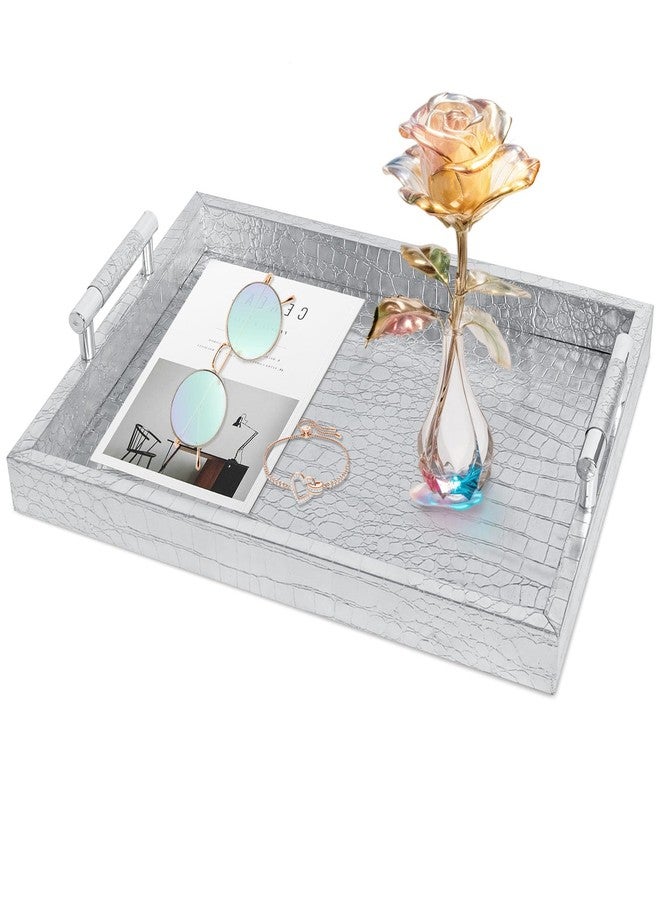 SXNOWS Faux Leather Rectangle Serving Tray with Handles, Large Decorative Tray for Ottoman Coffee Table Decor Living Room, Kitchen, Bathroom, 16x12inches (Silver) - Image 1