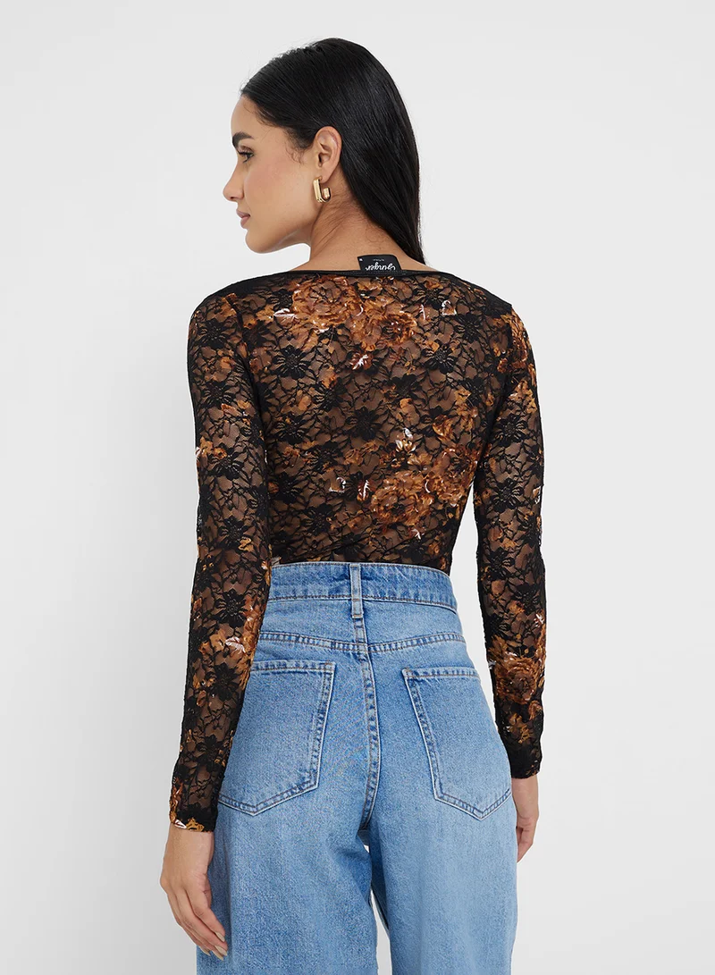 جينجر Floral Lace Corset Style Bodysuit