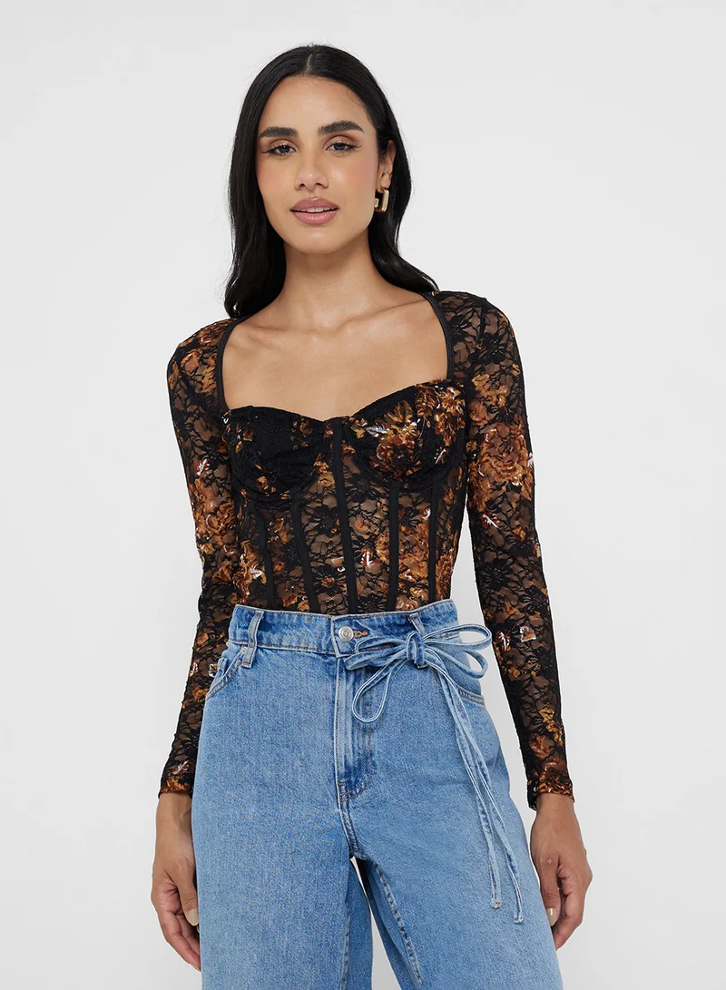 جينجر Floral Lace Corset Style Bodysuit