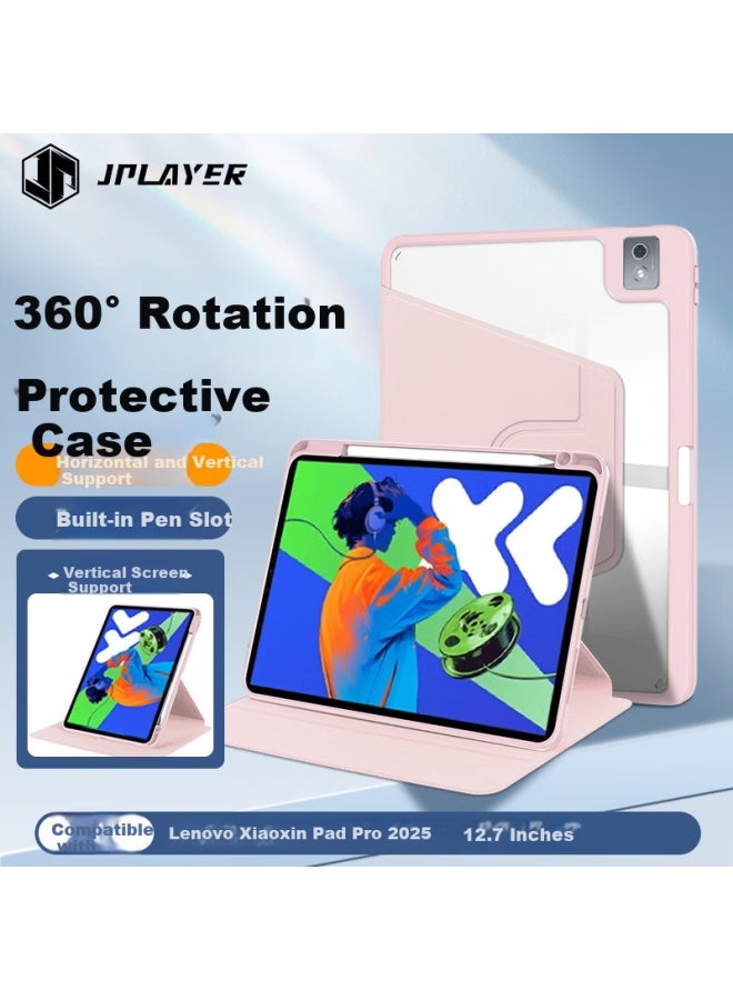Jplayer Compatible With Xiaoxin Pad Pro 12.7-inch  Model Full Coverage Tablet Case 360° Rotatable Acrylic Built-in Pen Slot Pink