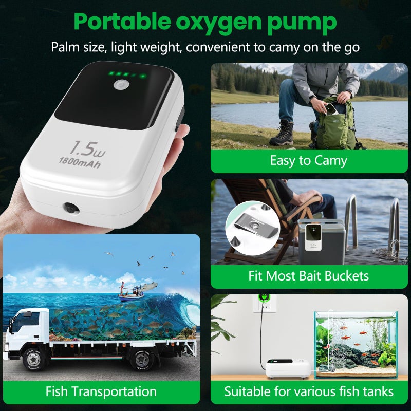 SYSENCIAGA Large Capacity Rechargeable Aquarium Air Pump, Silent Dual Mode Portable Aerator with Universal Clip for Fish Tanks and Outdoor Bait Bucketsï¼ˆ1.5wï¼‰ - Image 3