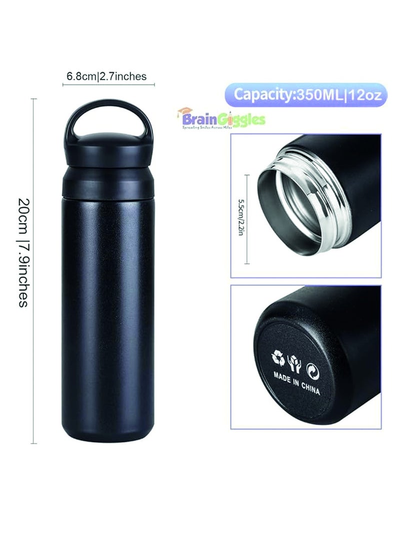 BrainGiggles BrainGiggles Stainless Steel 350ml Vacuum Insulated Thermos Bottle with Easy-to-Carry Hook Anti Scalding Reusable Tumbler Flask Sports Water Bottle for Hiking Biking Students Men Women - Black  - Image 2