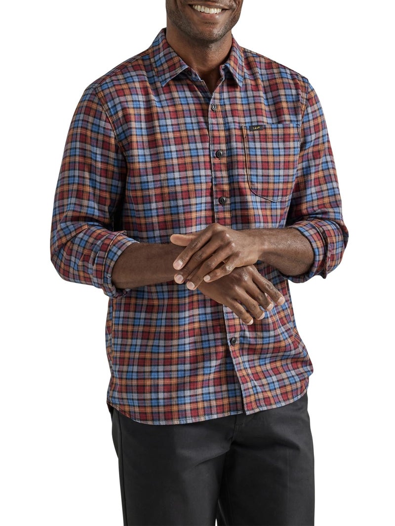 Lee Men's Extreme Motion All Purpose Long Sleeve Worker Shirt, Acorn Fig Plaid, Small - Image 1