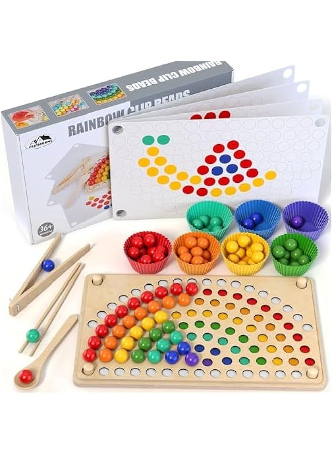 Rainbow Wooden Peg Board Beads Game for Kids 2-3 Years Old, Montessori Toy for Learning Fine Motor Math Skills. - Image 1