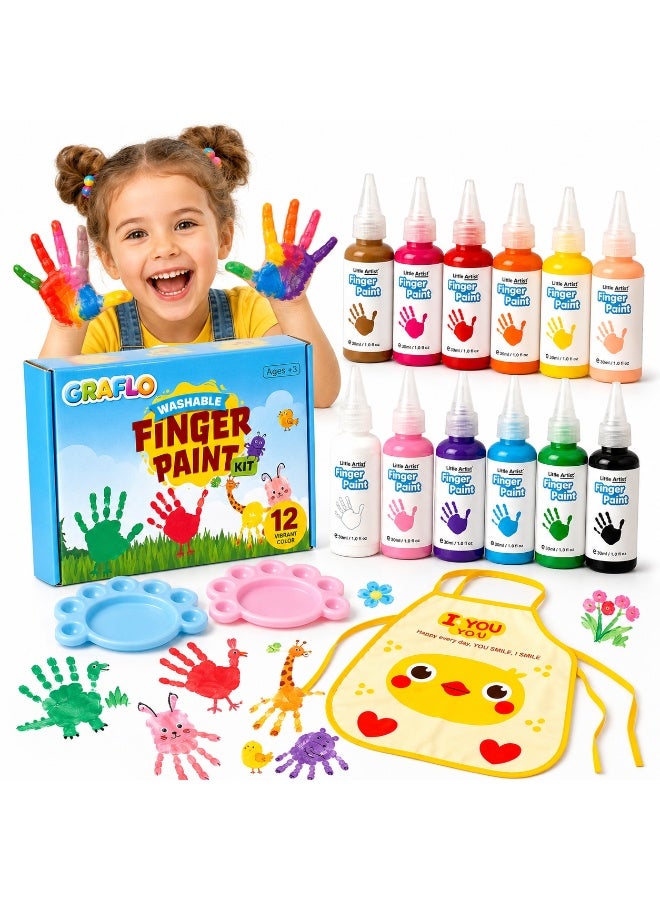 GRAFLO Finger Paint Set for Kids, 12 Colors (30ml Each) with 2 Palettes & Waterproof Apron, Washable Non-Toxic Painting Kit for Toddlers & Children Ages 3-8 - Image 1