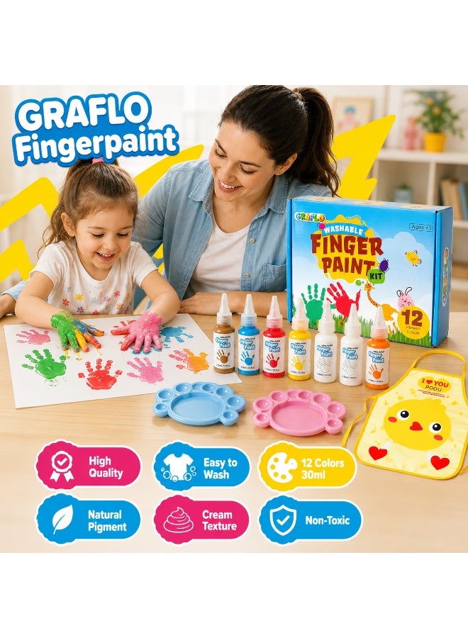 GRAFLO Finger Paint Set for Kids, 12 Colors (30ml Each) with 2 Palettes & Waterproof Apron, Washable Non-Toxic Painting Kit for Toddlers & Children Ages 3-8 - Image 4