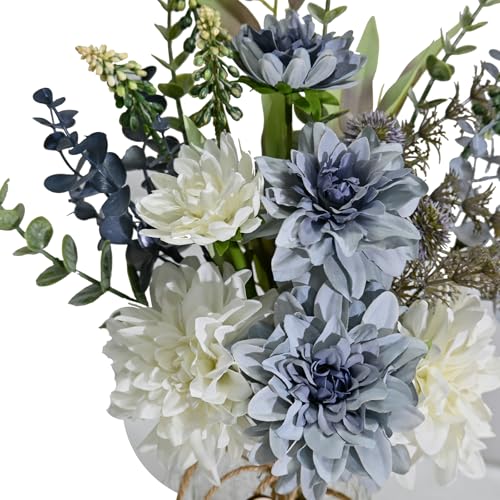 NAWEIDA Artificial Flowers with Vase, Faux Dahlia Flower Arrangement in Glass Vase, Blue and White Silk Flowers with Eucalyptus for Home Office Kitchen Dining Table Centerpiece Decor - Image 3