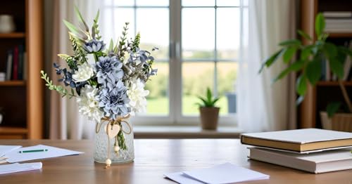 NAWEIDA Artificial Flowers with Vase, Faux Dahlia Flower Arrangement in Glass Vase, Blue and White Silk Flowers with Eucalyptus for Home Office Kitchen Dining Table Centerpiece Decor - Image 5