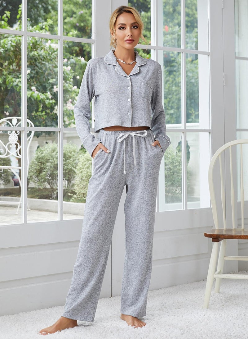 Loquat Women's Solid Color 2-Piece Set Pajamas Long Sleeve Lapel Top And Pants Soft Loungewear Nightgown Suit Leisure Wear Light Grey  - Image 1