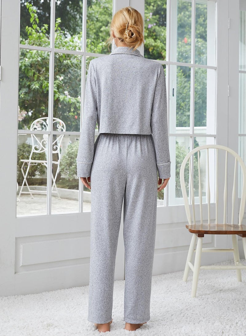 Loquat Women's Solid Color 2-Piece Set Pajamas Long Sleeve Lapel Top And Pants Soft Loungewear Nightgown Suit Leisure Wear Light Grey  - Image 3