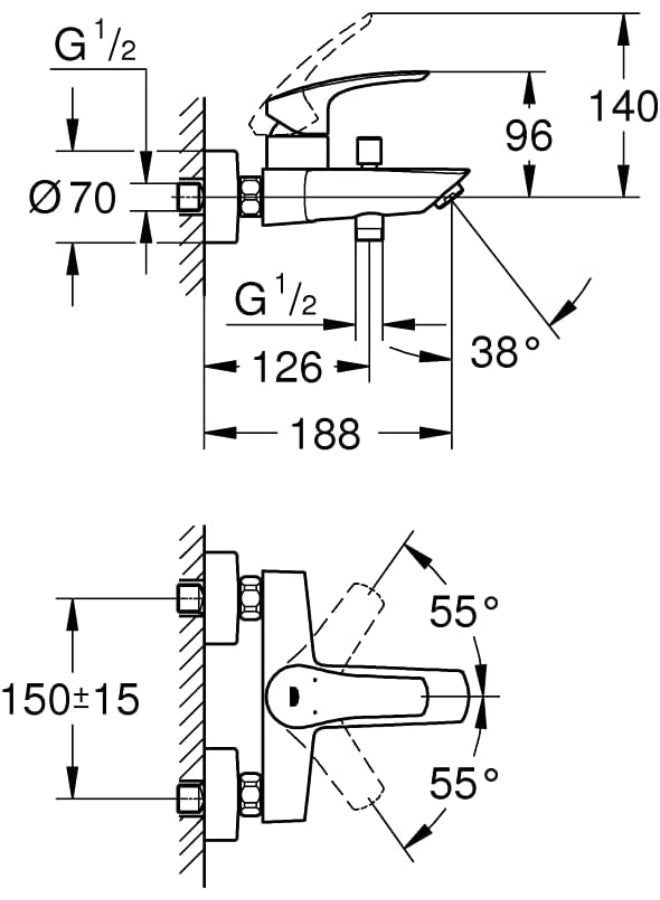 جروهي خلاط حوض الاستحمام والدش ذو ذراع واحد من GROHE Eurosmart، وصلة نصف بوصة، طلاء كروم – 3330030F - Image 4