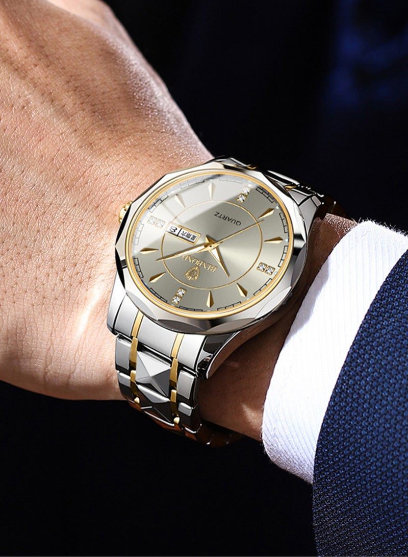 بينبوند ساعات رجالية كوارتز من الفولاذ المقاوم للصدأ ماركة أزياء عالمية رياضية عسكرية سوار فولاذي مقاوم للماء مضيئة ساعات يد رجالية ذهبية للأعمال - Image 2