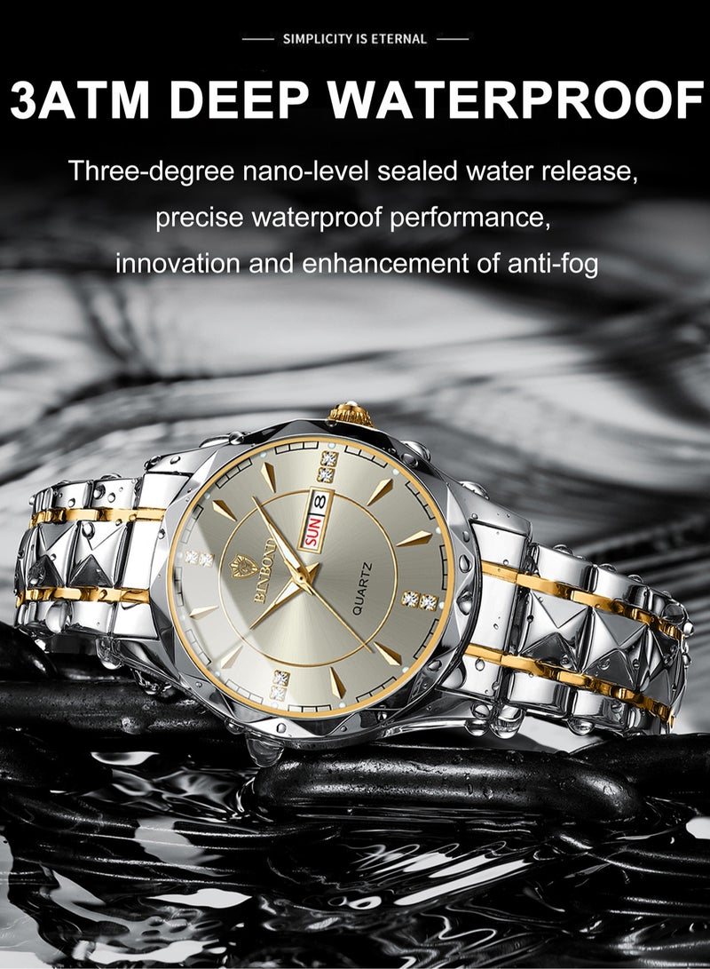 بينبوند ساعات رجالية كوارتز من الفولاذ المقاوم للصدأ ماركة أزياء عالمية رياضية عسكرية سوار فولاذي مقاوم للماء مضيئة ساعات يد رجالية ذهبية للأعمال - Image 3