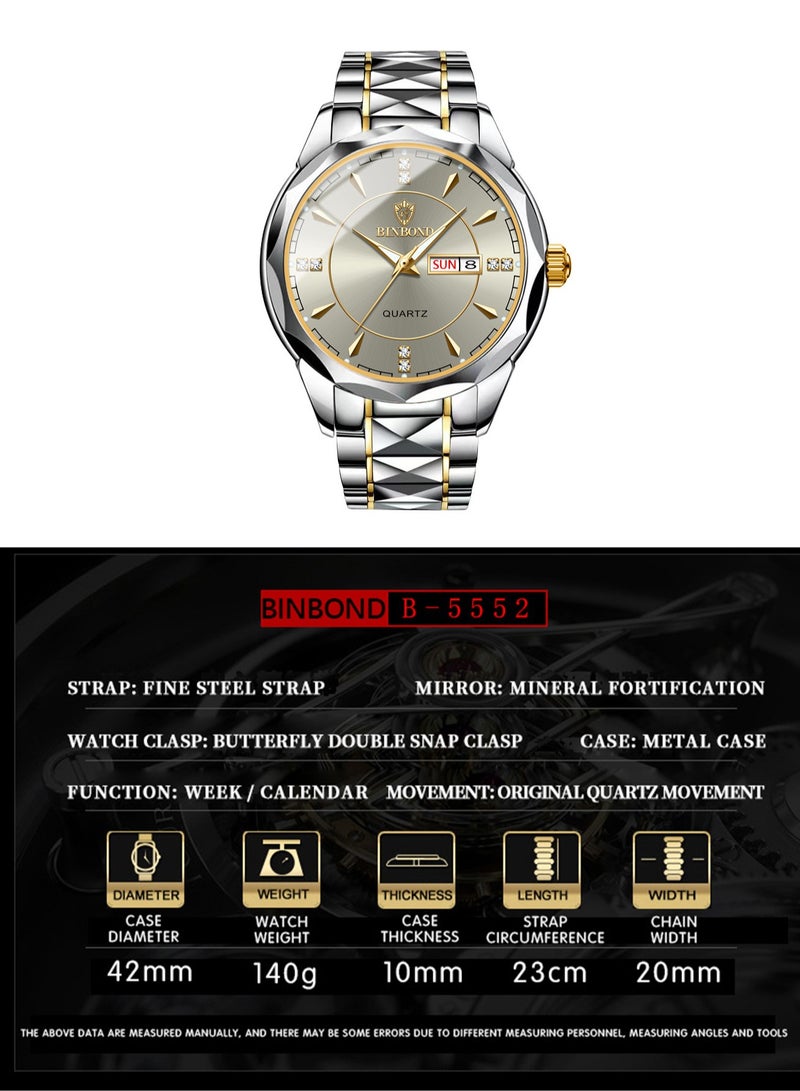 بينبوند ساعات رجالية كوارتز من الفولاذ المقاوم للصدأ ماركة أزياء عالمية رياضية عسكرية سوار فولاذي مقاوم للماء مضيئة ساعات يد رجالية ذهبية للأعمال - Image 4