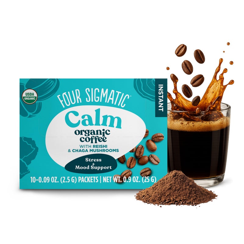 Four Sigmatic Calm Organic Instant Coffee | Medium Roast Arabica with Reishi & Chaga Mushrooms for Stress Relief & Mood Support | USDA Organic | Half Caffeine | 10 Packets - Image 1